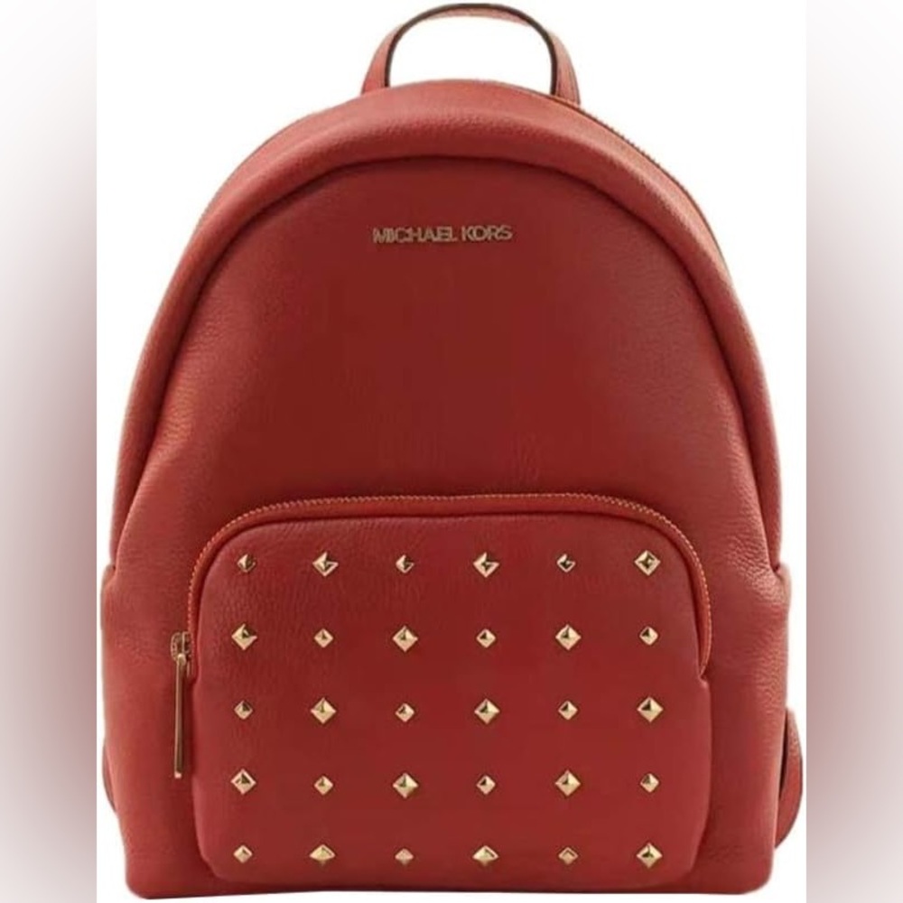 Michael Kors Erin Medium Pebble Leather Flame Red Gold Studded Backpack Bag